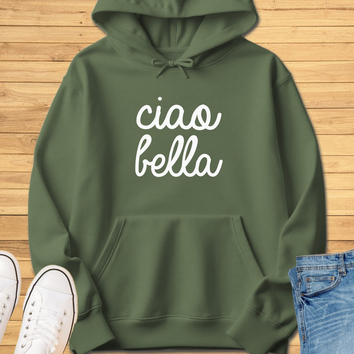 Ciao Bella Cursive Hoodie - Military Green