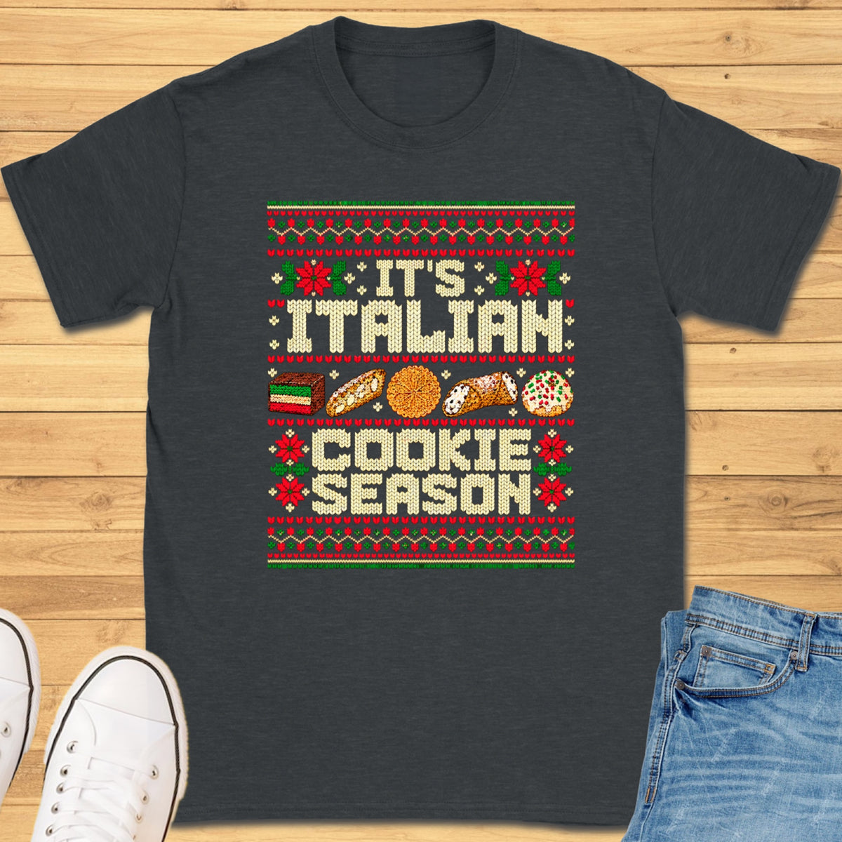 Italian Cookie Season Ugly XMAS T-Shirt - Dark Heather